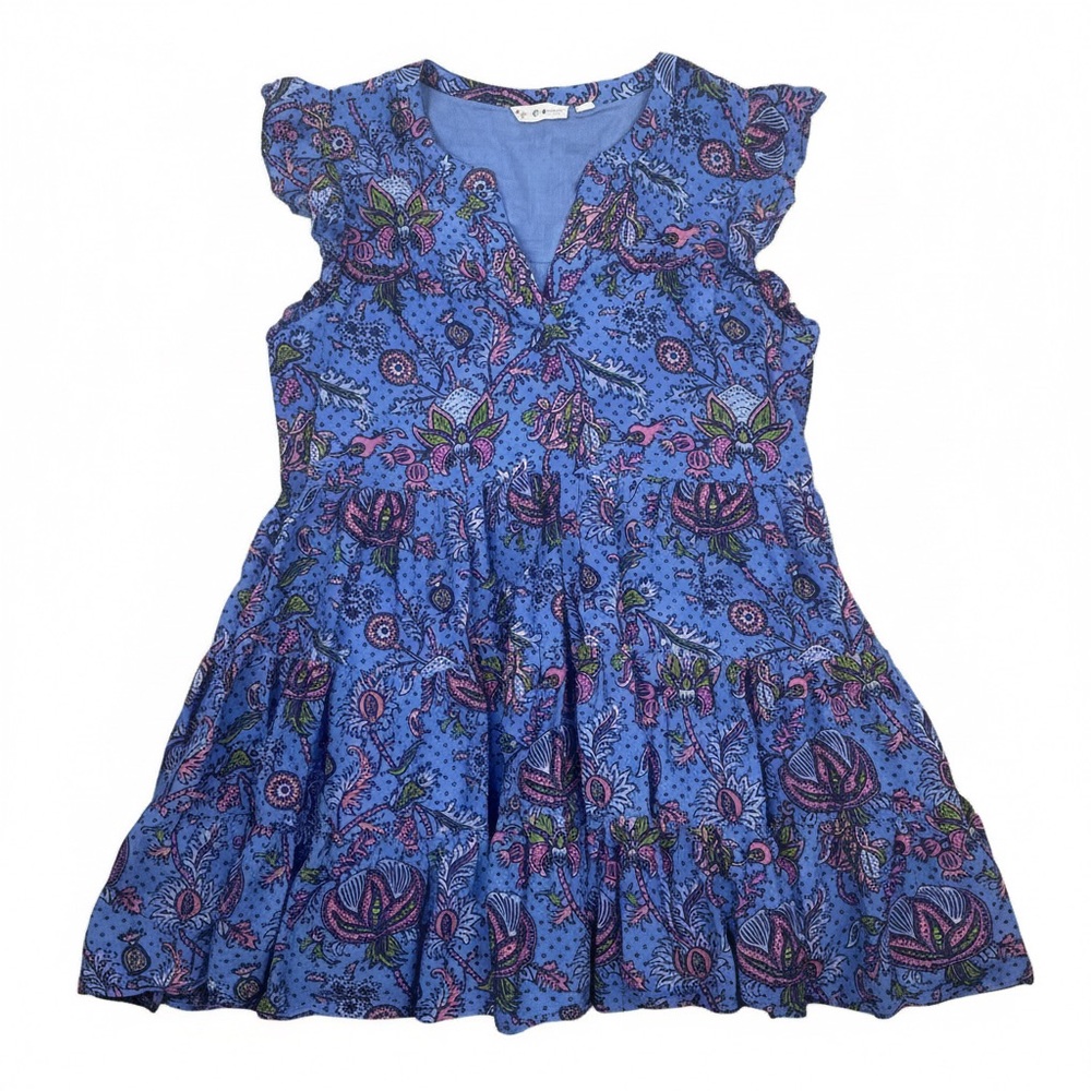 Roller Rabbit Blue Floral Boho Mini Dress Flutter Sleeve Cotton Silk S